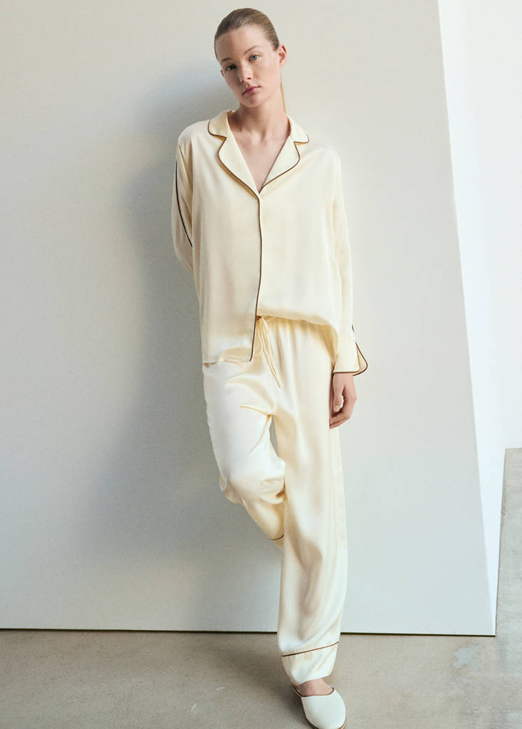 Satin viscose trousers with contrast pipping — Ivory White