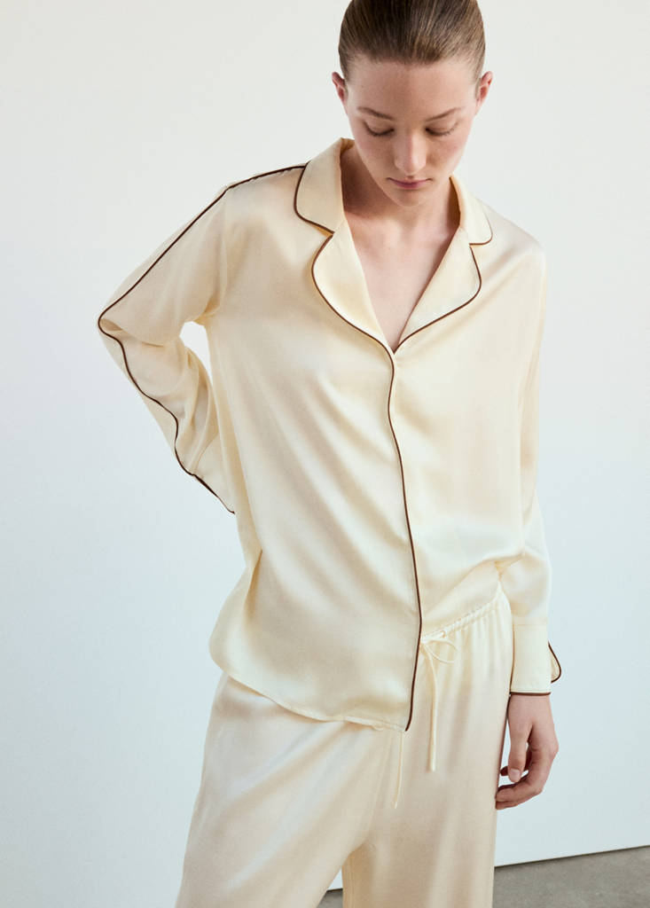 Satin viscose trousers with contrast pipping — Ivory White