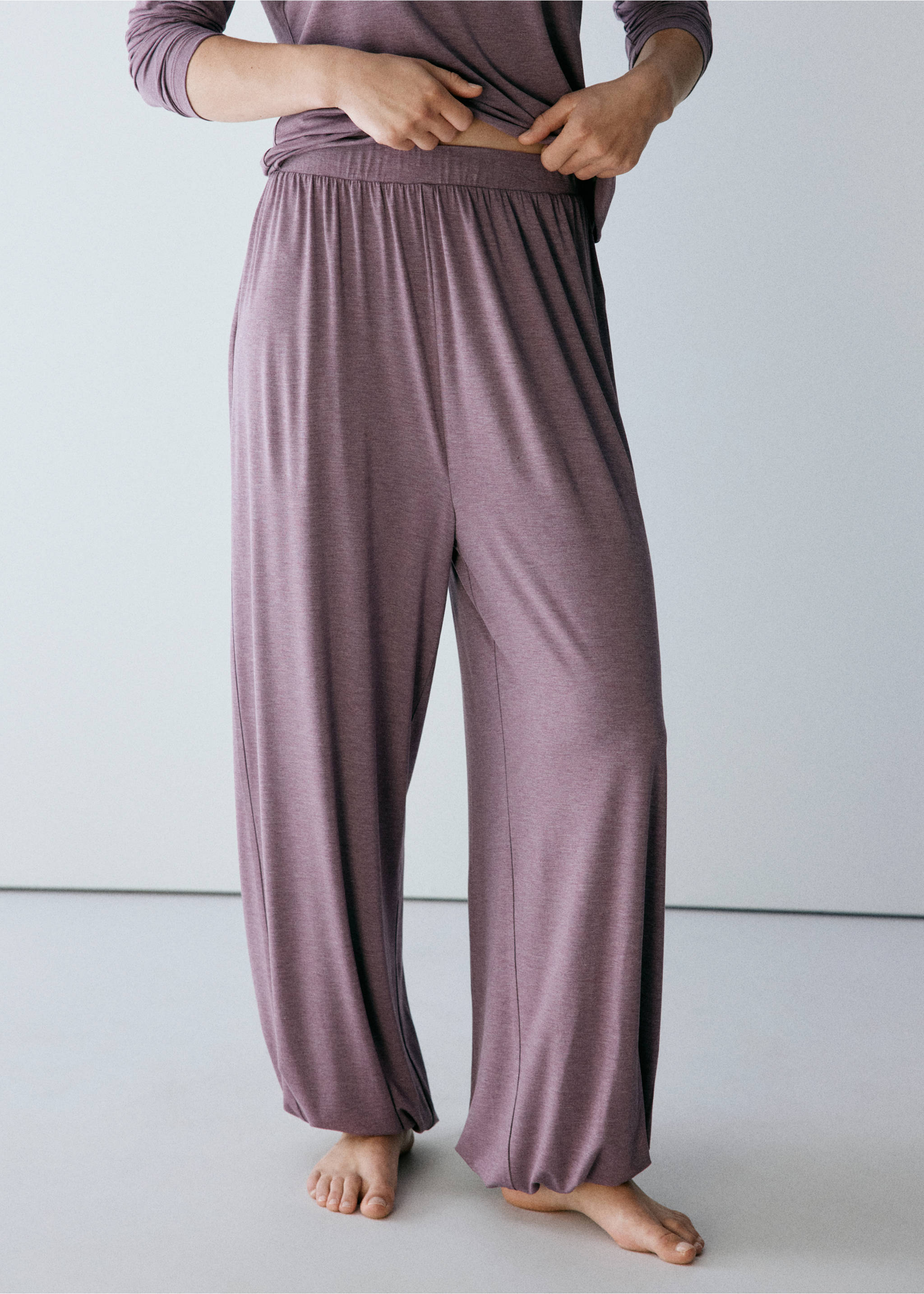 Mauve pyjama trousers with an elasticated waistband and gathered hems., Purple. Ref: 37002928-00.