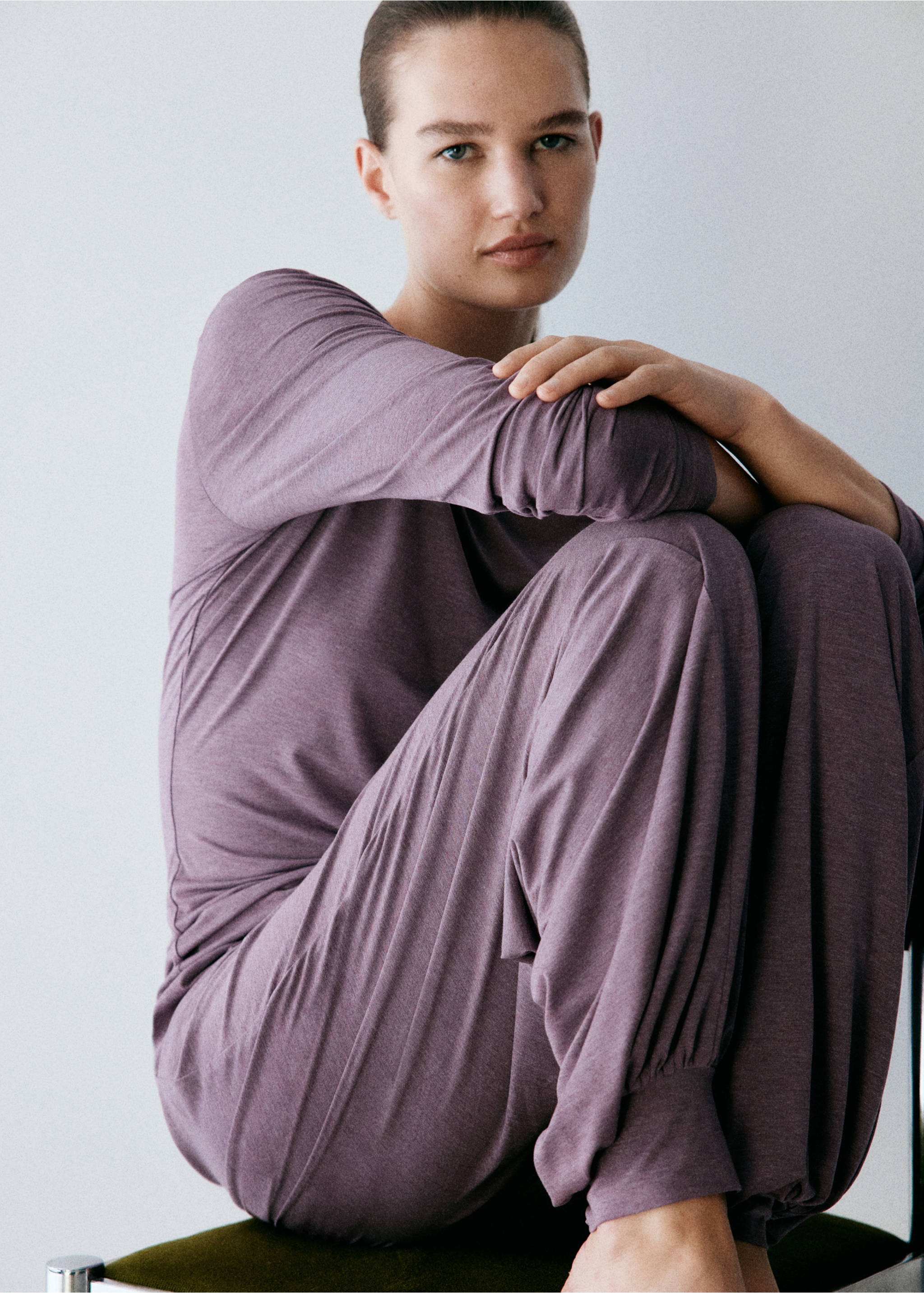 Mauve heather pyjama trousers with elasticated cuffs and matching top., Purple. Ref: 37002928-00.