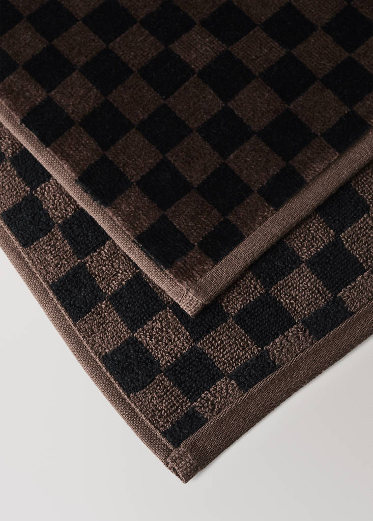 Velour cotton check hand towel — Brown