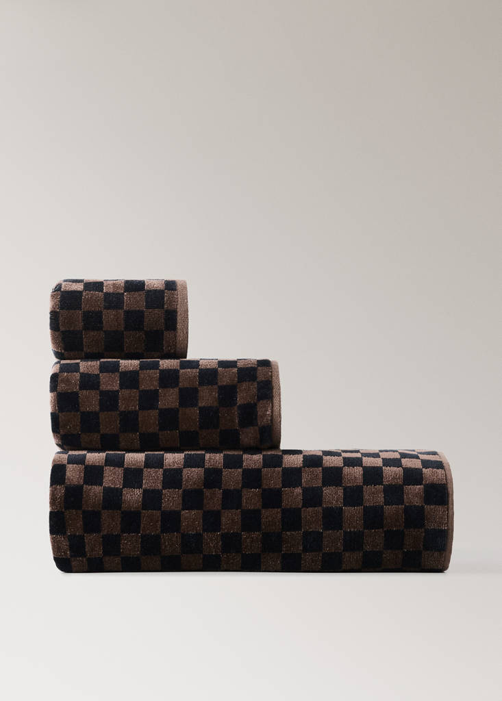 Velour cotton check hand towel — Brown