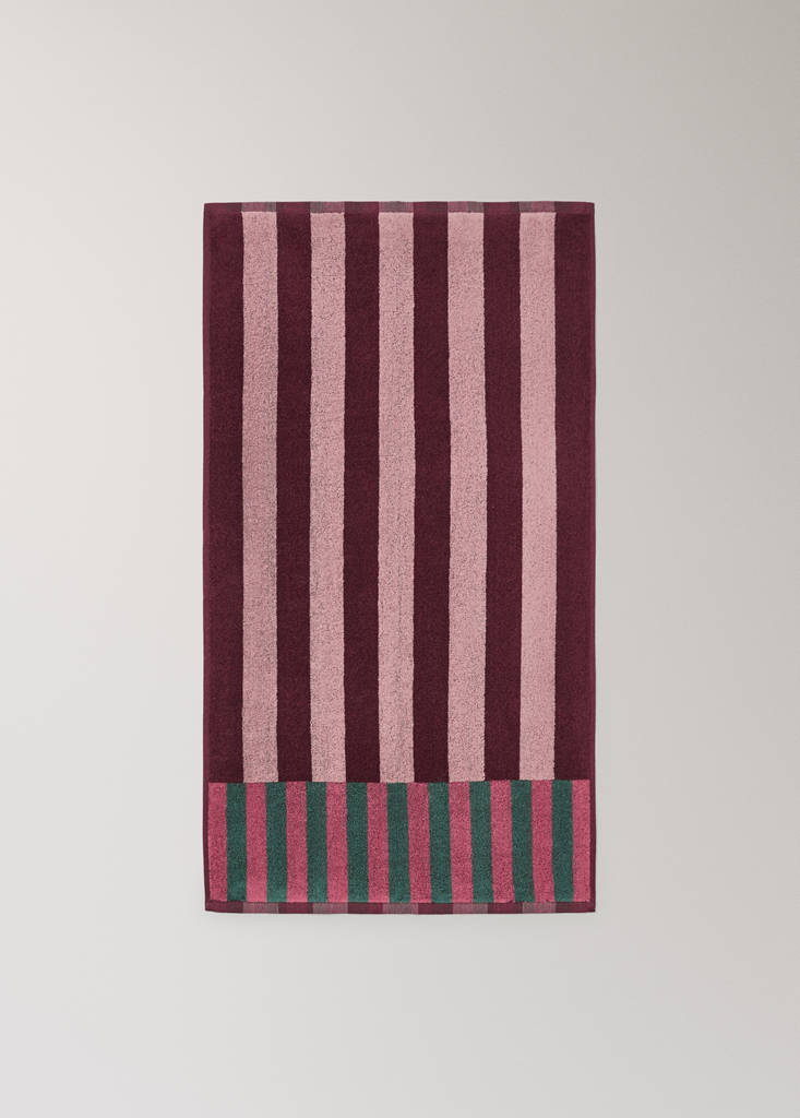 Multicoloured striped cotton bathroom towel — Burgundy