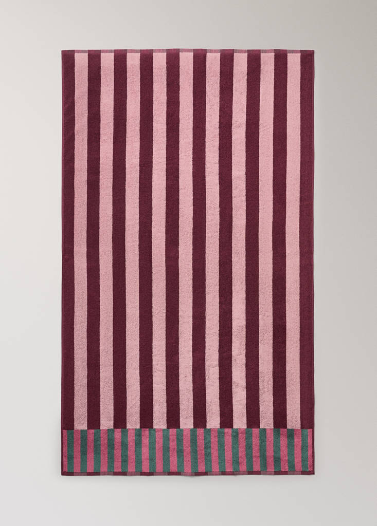 Multicoloured striped cotton bath towel — Burgundy