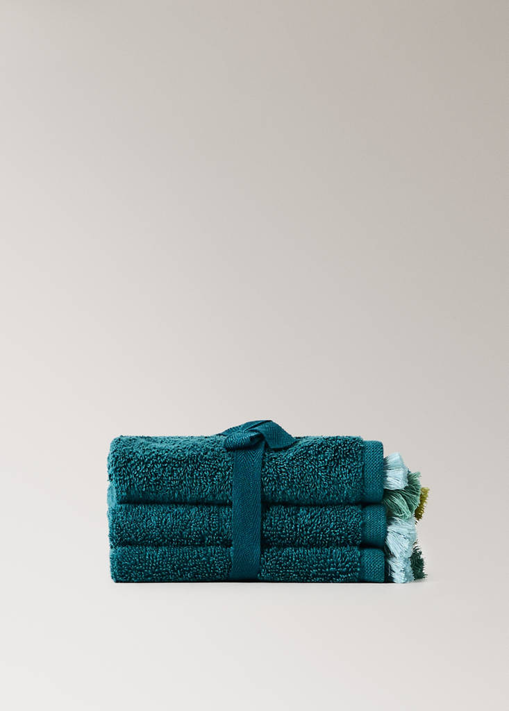 Pack of 3 cotton terry towels with pom-poms — Petrol Blue