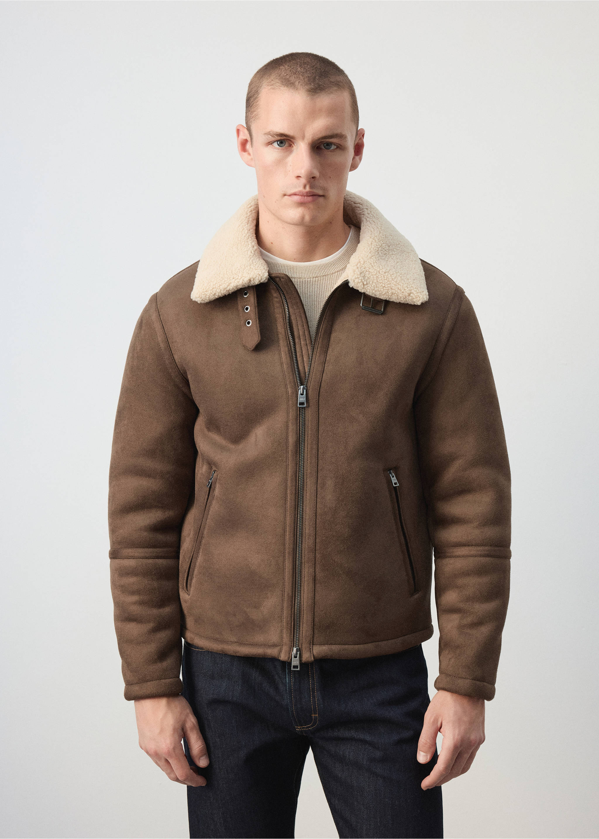 Faux-shearling suede jacket - Medium plane, Cognac. Ref: 37003277-00.