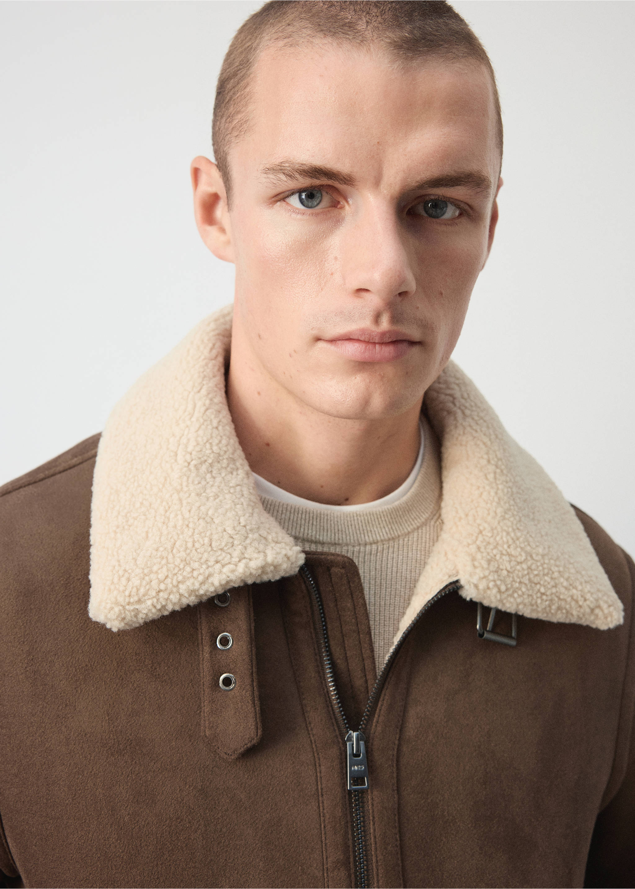 Faux-shearling suede jacket - Details of the article 1, Cognac. Ref: 37003277-00.