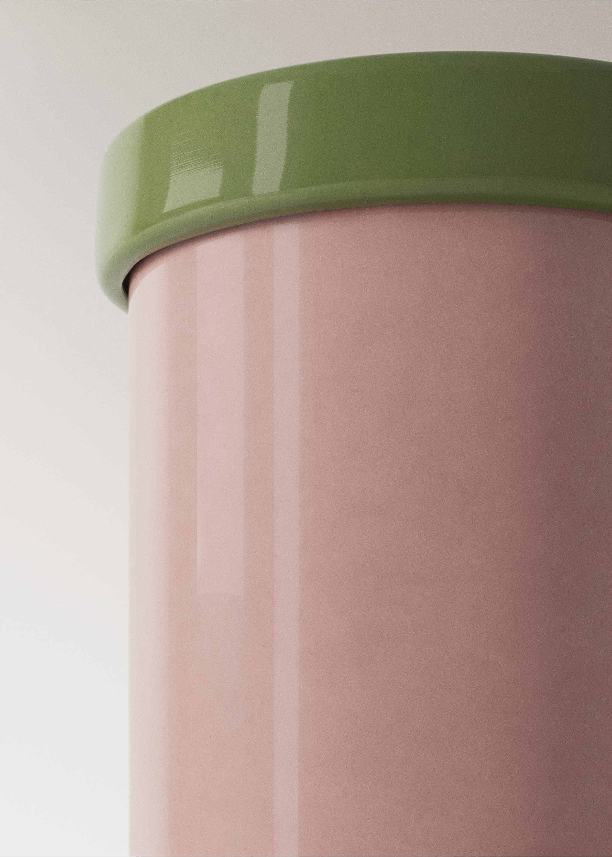 Close-up of a pink ceramic vase with a contrasting glossy green rim., Light/Pastel Purple. Ref: 37003286-00.