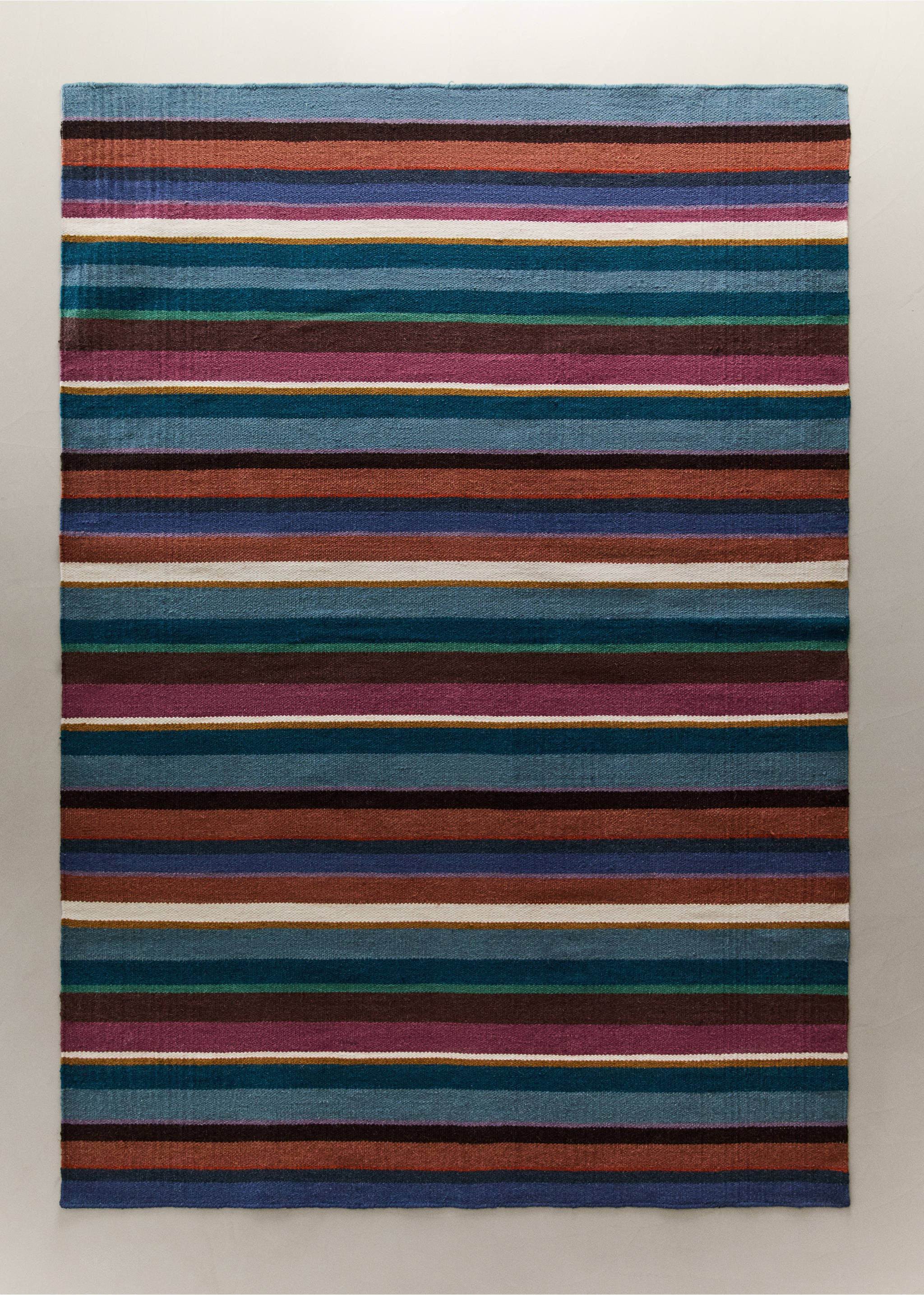 Multicoloured striped flat-woven rug in blue, rust, brown, purple, and teal., Blue. Ref: 37003311-00.