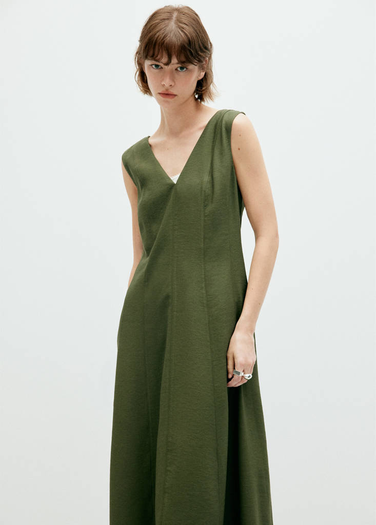 V-neck dress with stitching — Khaki