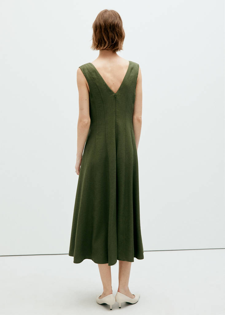 V-neck dress with stitching — Khaki