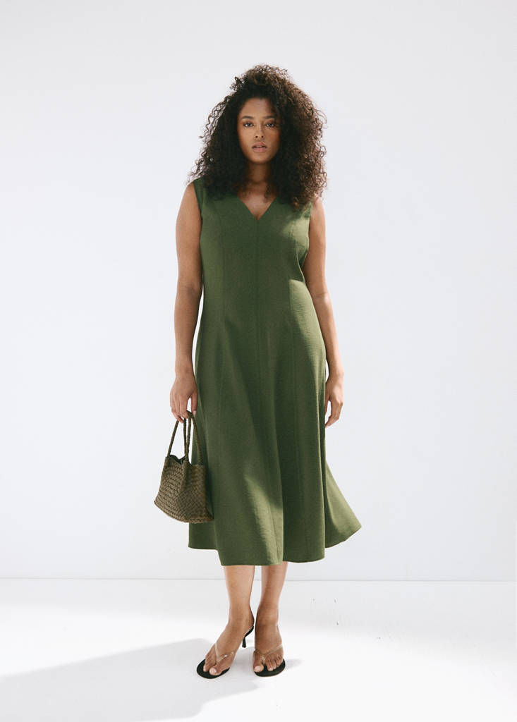V-neck dress with stitching — Khaki
