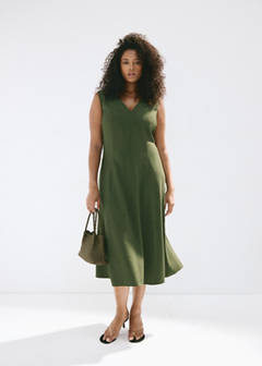 V-neck dress with stitching — Khaki 5