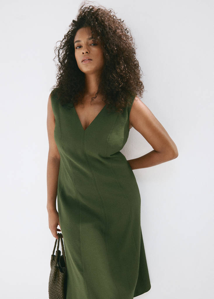 V-neck dress with stitching — Khaki