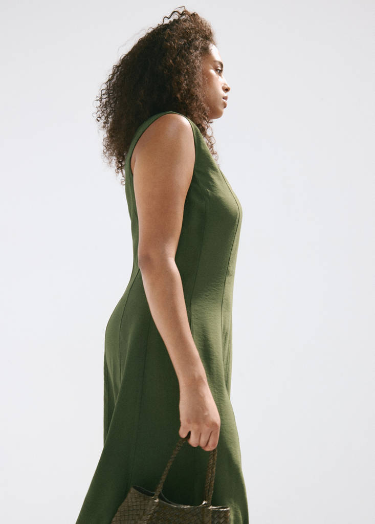 V-neck dress with stitching — Khaki