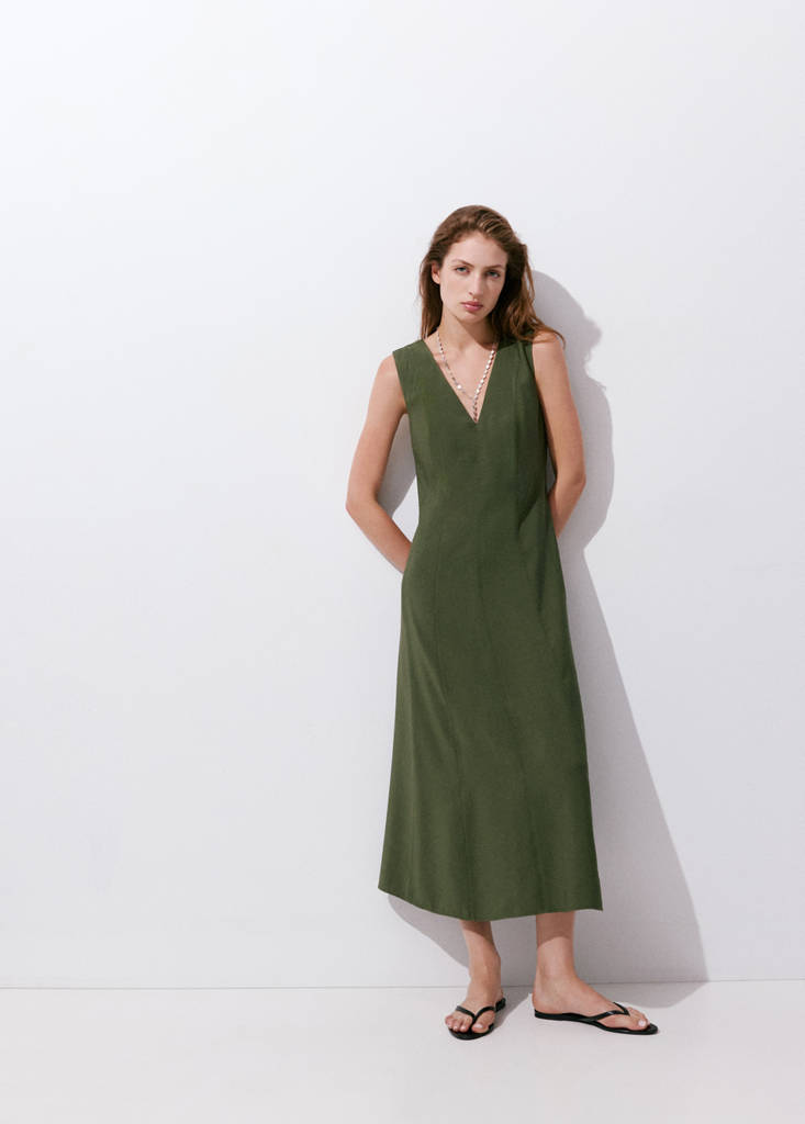 V-neck dress with stitching — Khaki