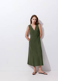 V-neck dress with stitching — Khaki 12