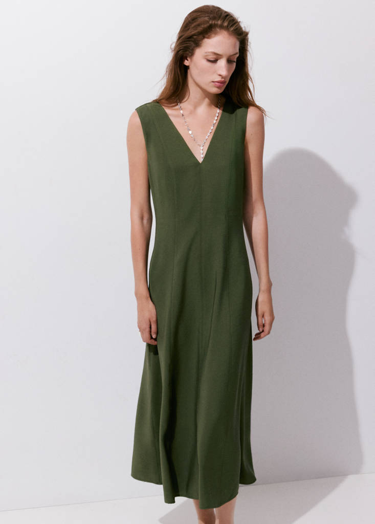 V-neck dress with stitching — Khaki