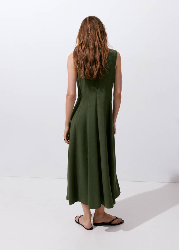 V-neck dress with stitching — Khaki