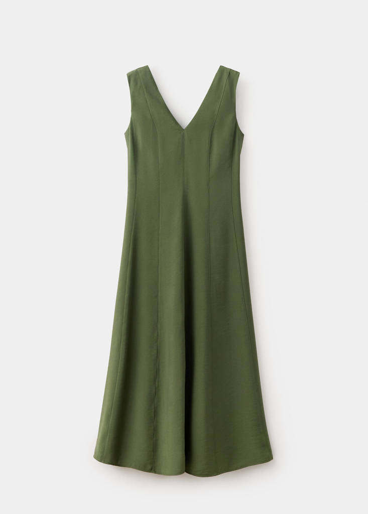 V-neck dress with stitching — Khaki