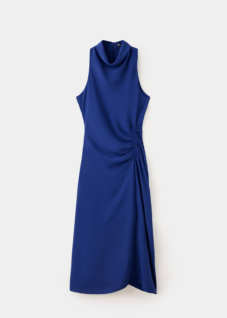 Ruched dress with draped neckline — Blue