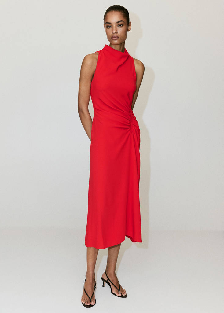 Ruched dress with draped neckline — Red
