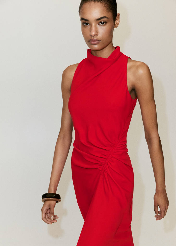 Ruched dress with draped neckline — Red