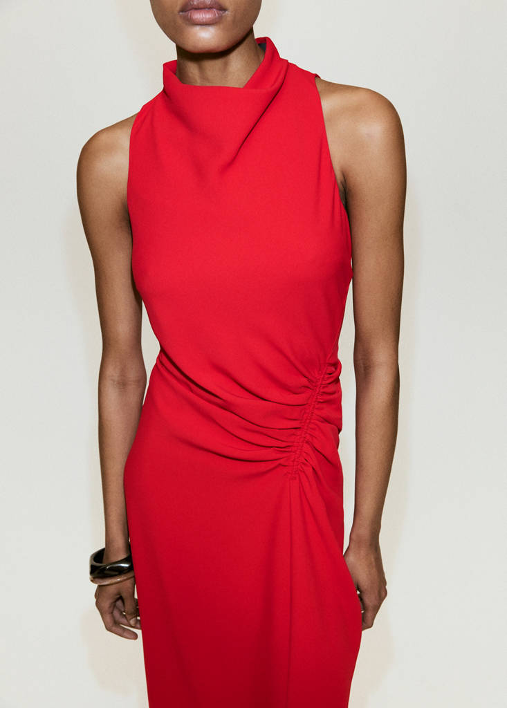 Ruched dress with draped neckline — Red