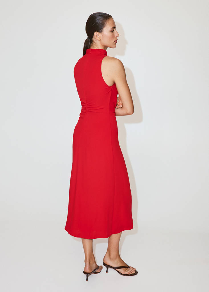 Ruched dress with draped neckline — Red
