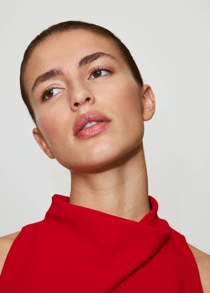 Ruched dress with draped neckline — Red