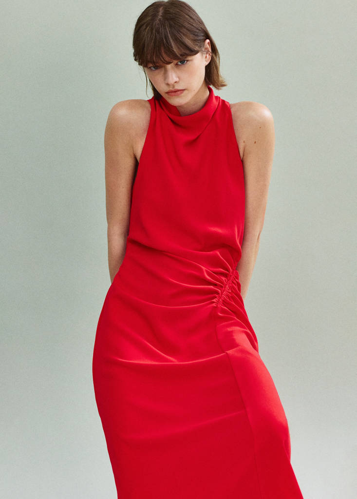 Ruched dress with draped neckline — Red