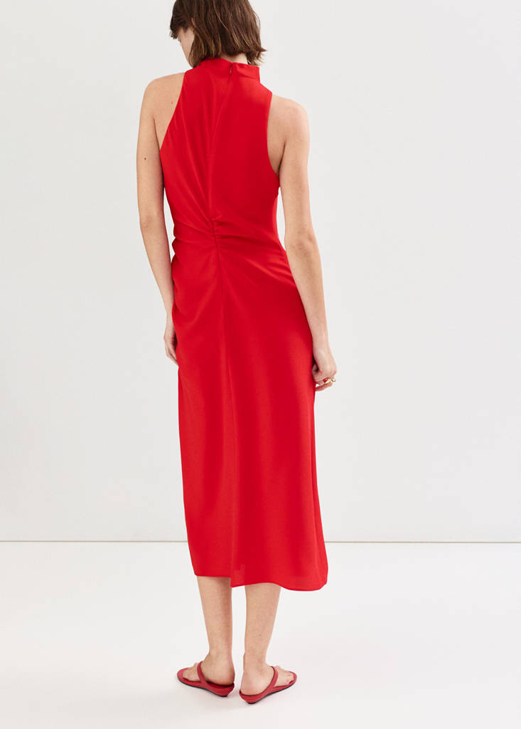 Ruched dress with draped neckline — Red