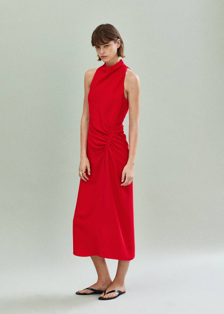Ruched dress with draped neckline — Red