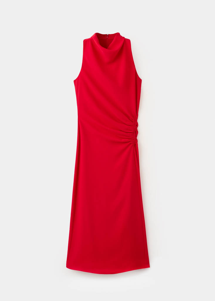 Ruched dress with draped neckline — Red