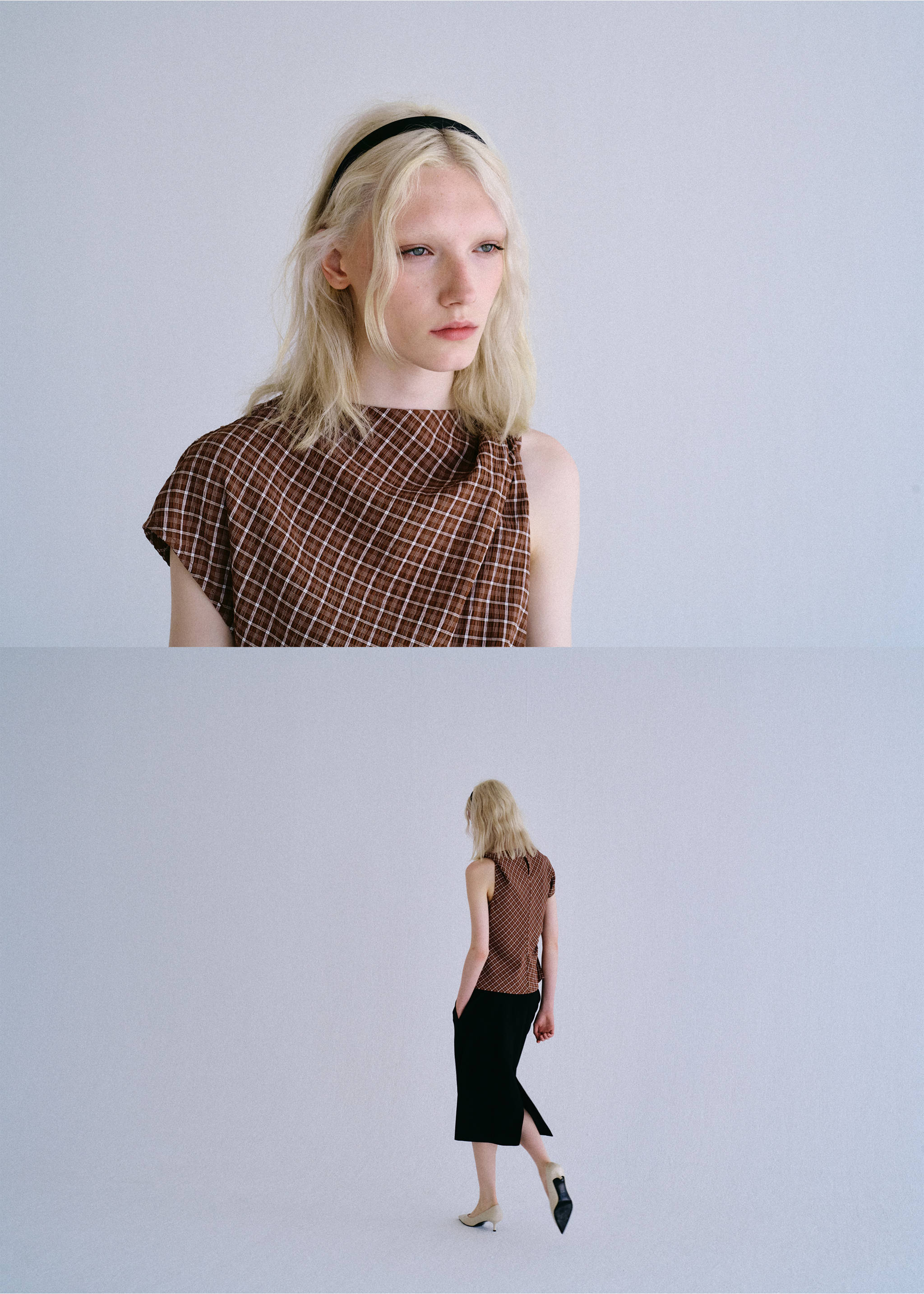 Asymmetric checked blouse - Details of the article 1, Brown. Ref: 37004078-00.