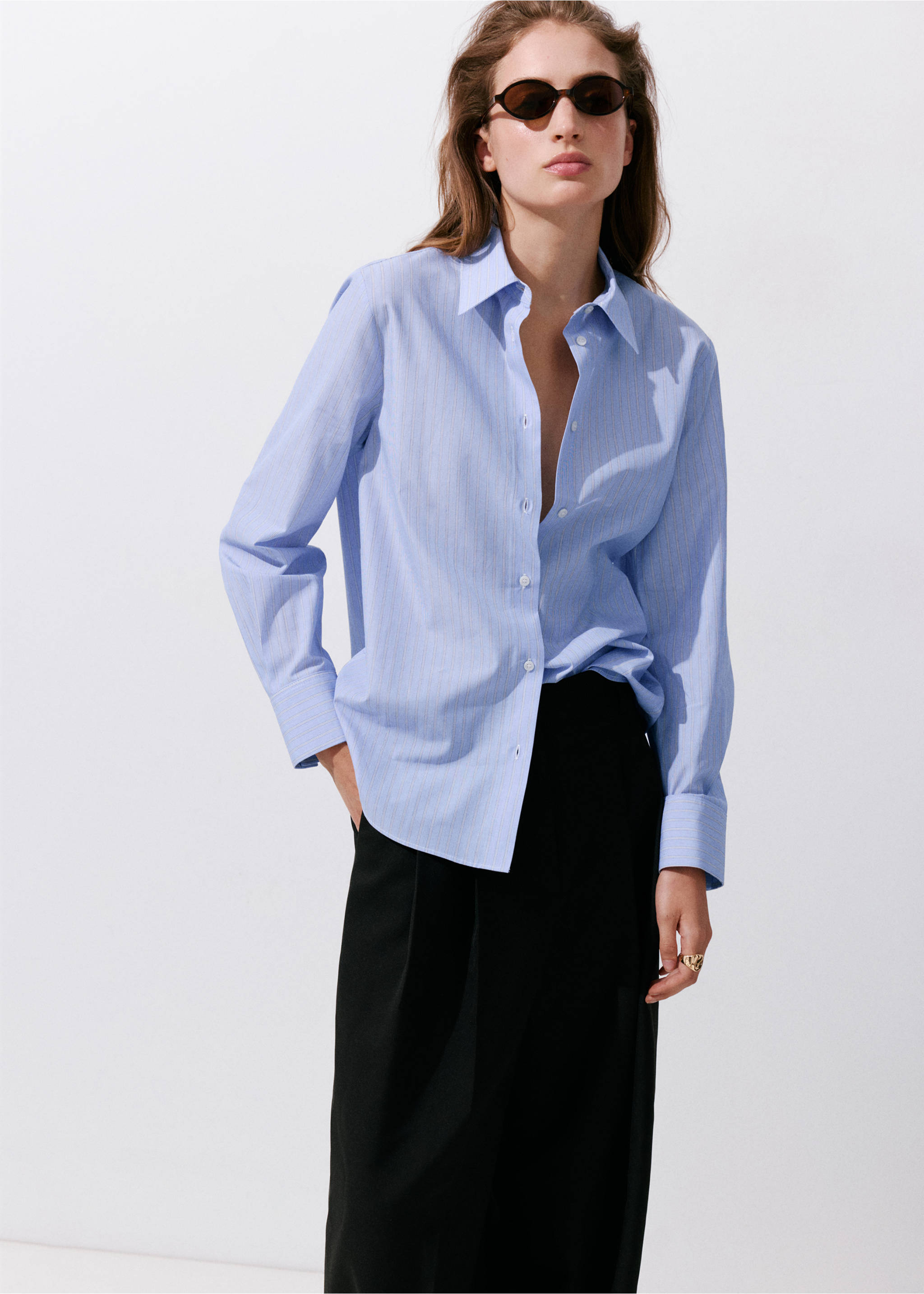 Cotton and lyocell blend straight shirt - Medium plane, Sky Blue. Ref: 37004079-00.