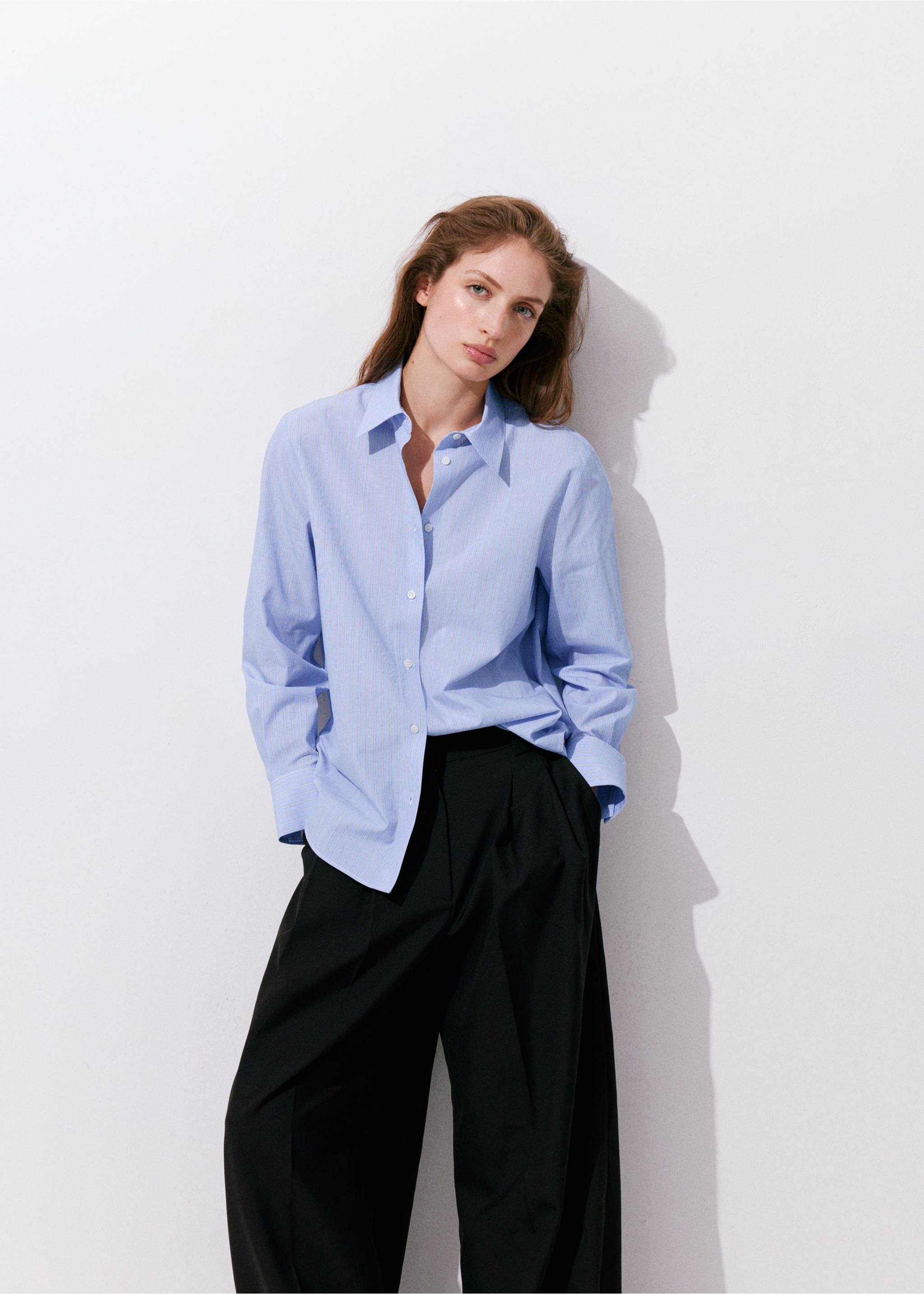 Cotton and lyocell blend straight shirt - Details of the article 3, Sky Blue. Ref: 37004079-00.
