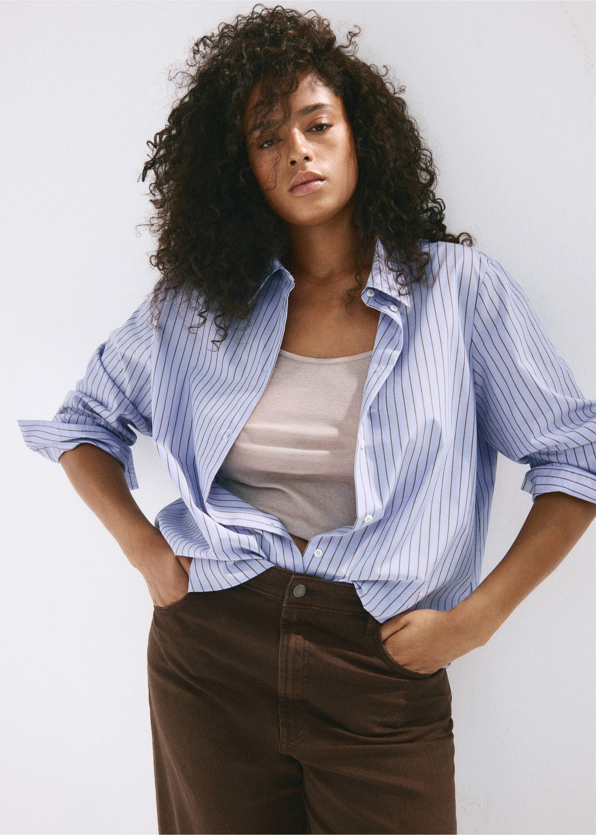 Cotton and lyocell blend straight shirt - Details of the article 5, Blue. Ref: 37004079-00.