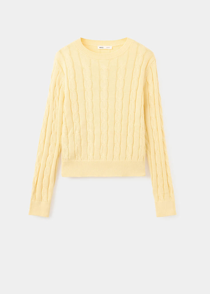 Mango Pull-over Maille Tressée In Jaune Pastel