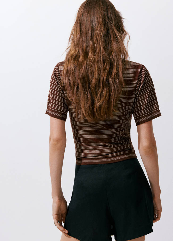 Striped short-sleeved sweater — Chocolate
