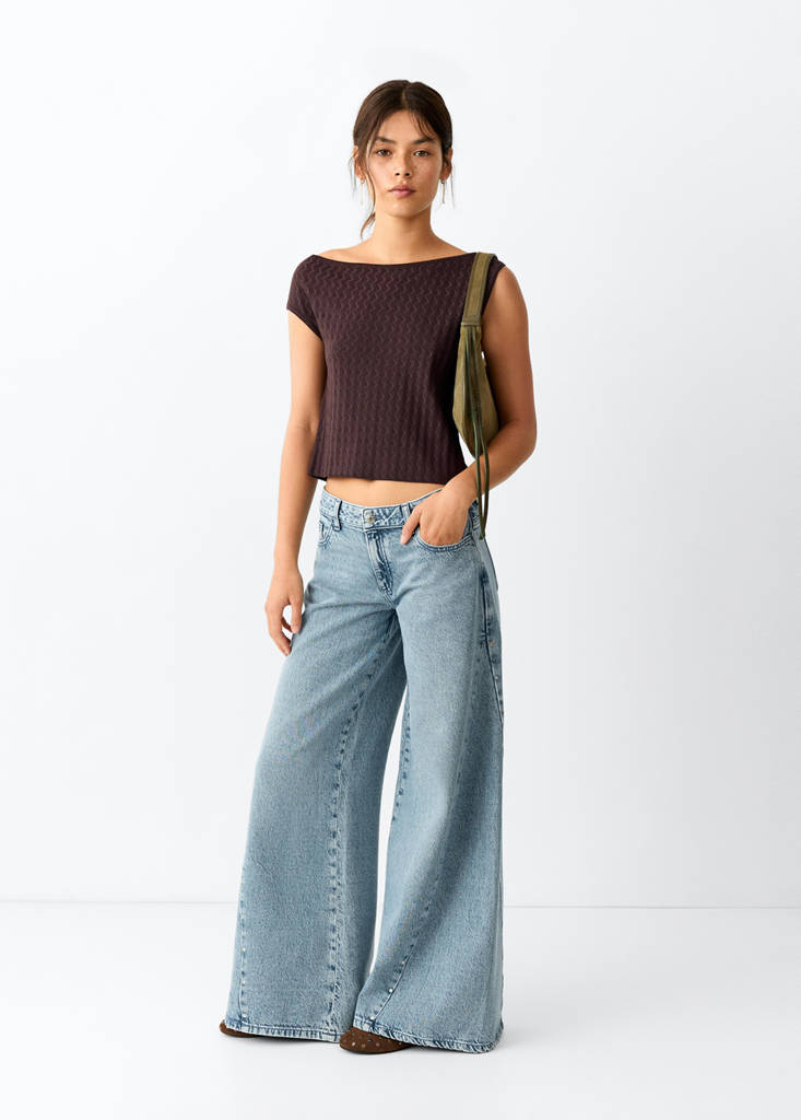 Wide-leg jeans with studded seams — Medium Blue