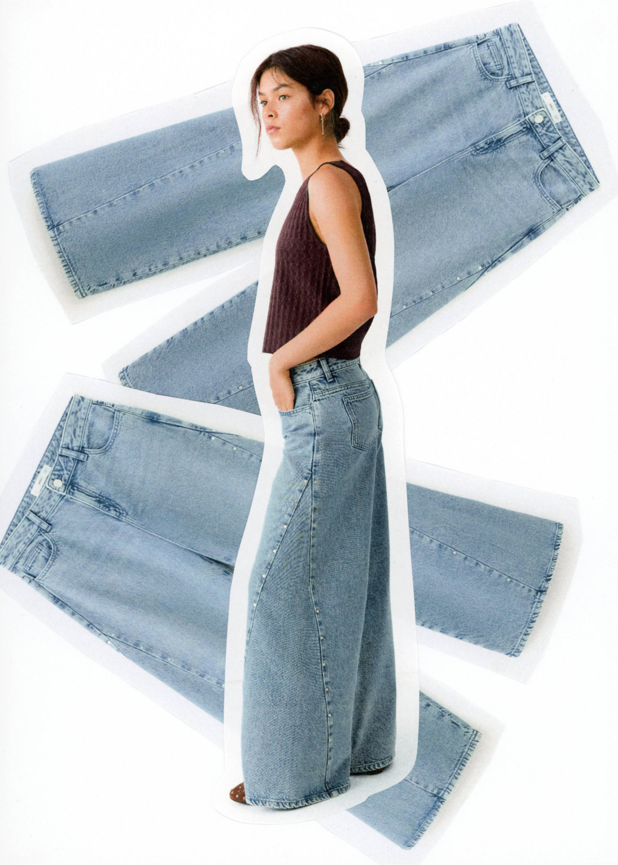 Wide-leg jeans with studded seams - Details of the article 2, Medium Blue. Ref: 37004087-00.
