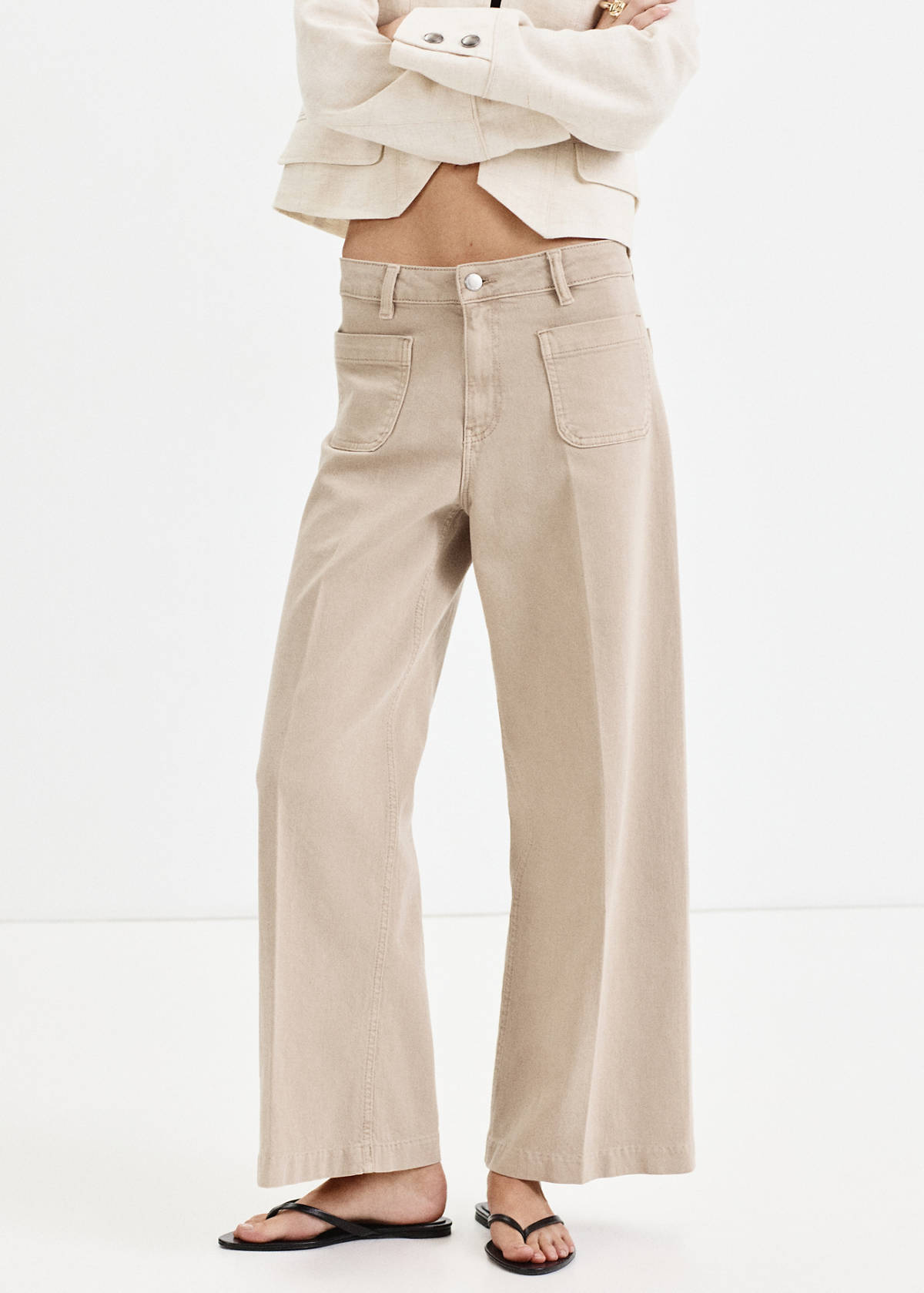 Wide-leg patch pocket jeans — Sand