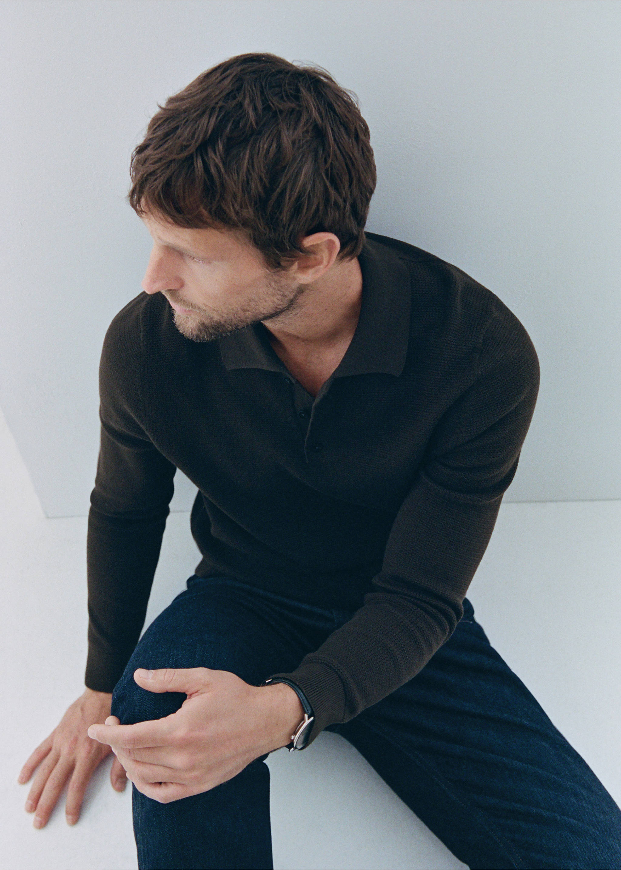 Fine-knit cotton-blend polo shirt - Details of the article 5, Brown. Ref: 37004427-00.