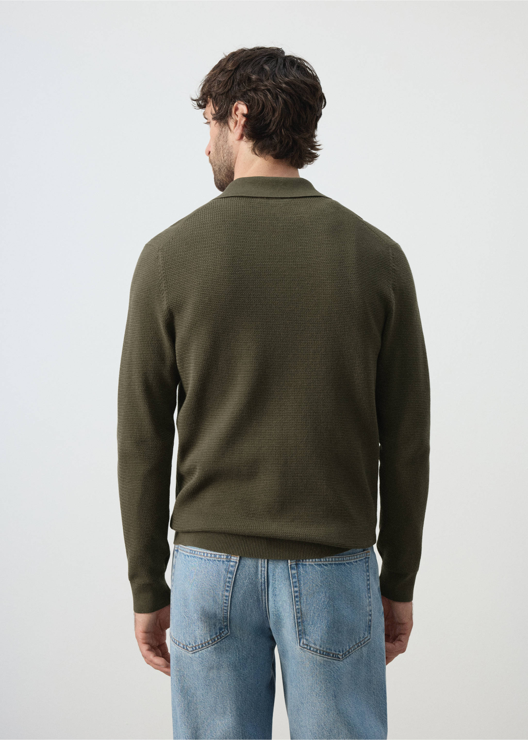 Polo en maille fine en mélange de coton - Verso de l’article, Olive. Ref: 37004427-00.