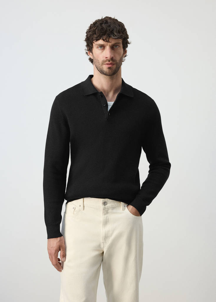 Fine-knit cotton-blend polo shirt — Black