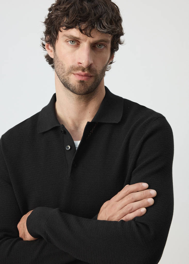 Fine-knit cotton-blend polo shirt — Black