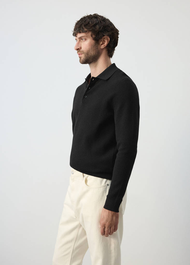 Fine-knit cotton-blend polo shirt — Black
