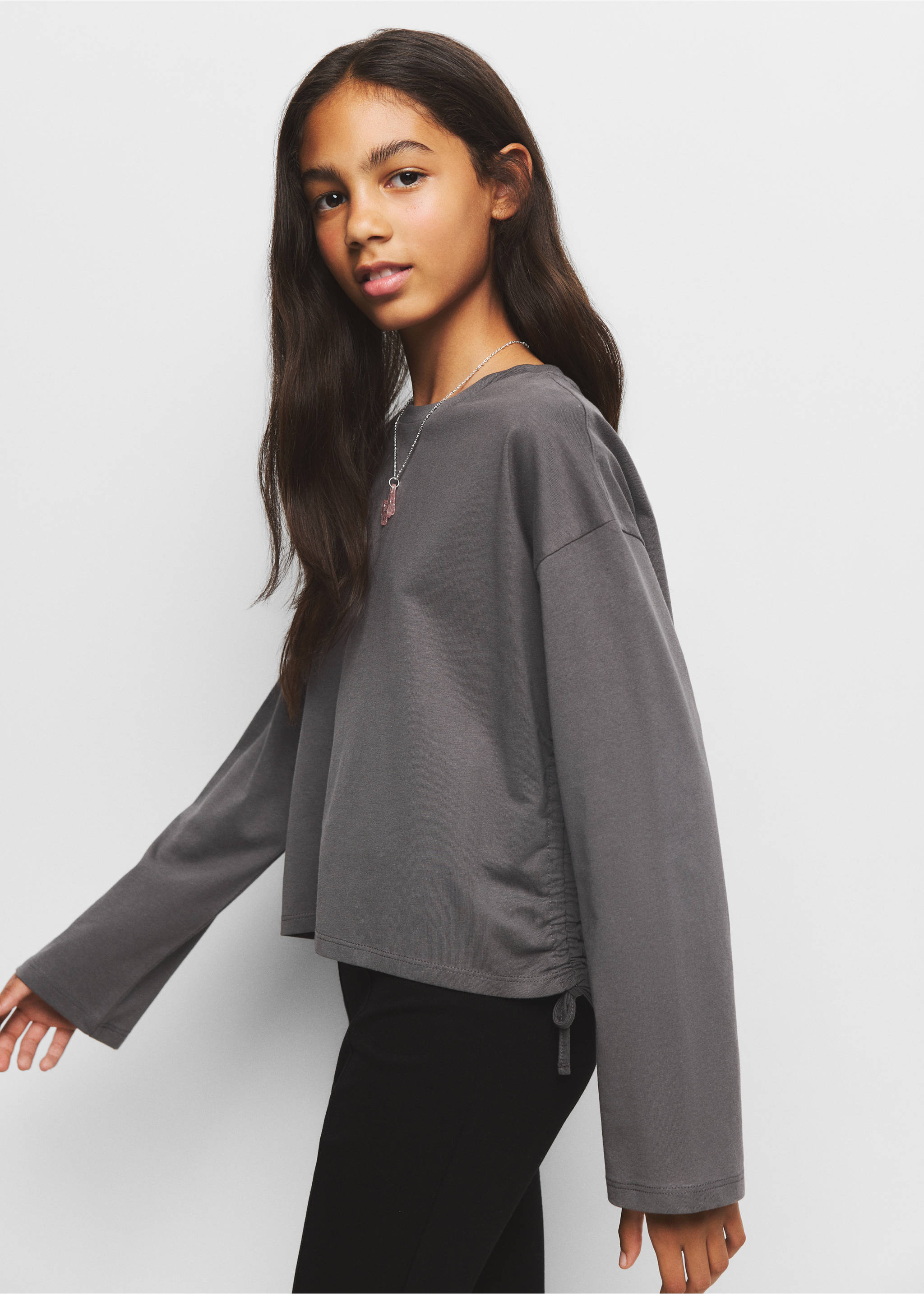 Cotton T-shirt with gathered details - Medium plane, Charcoal. Ref: 37004437-00.