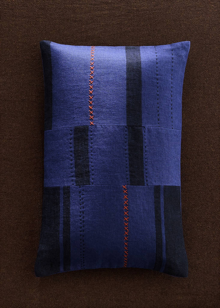 Patchwork linen cushion cover 40x60 cm — Dark Blue